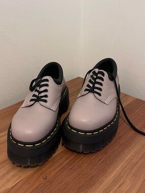Platform Doc Martens in Light Purple with Black Sole & Gold Contrast Stitching